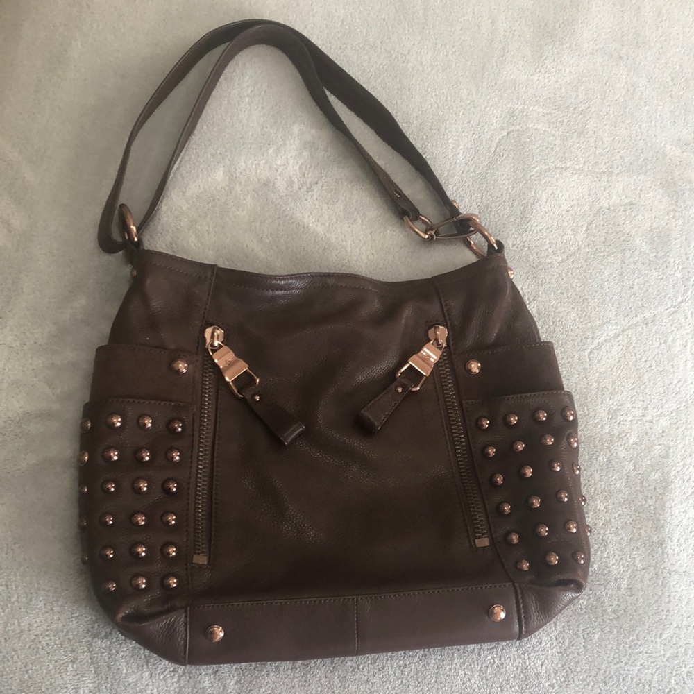 Brown Leather crossbody Bag with rose gold grommets